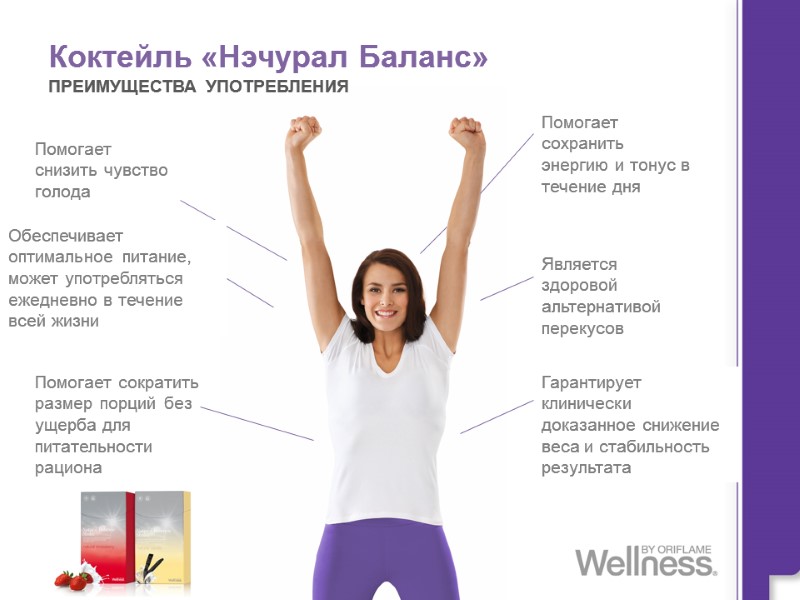 Коктейль «Нэчурал Баланс» ПРЕИМУЩЕСТВА УПОТРЕБЛЕНИЯ   Помогает снизить чувство голода Помогает сохранить энергию